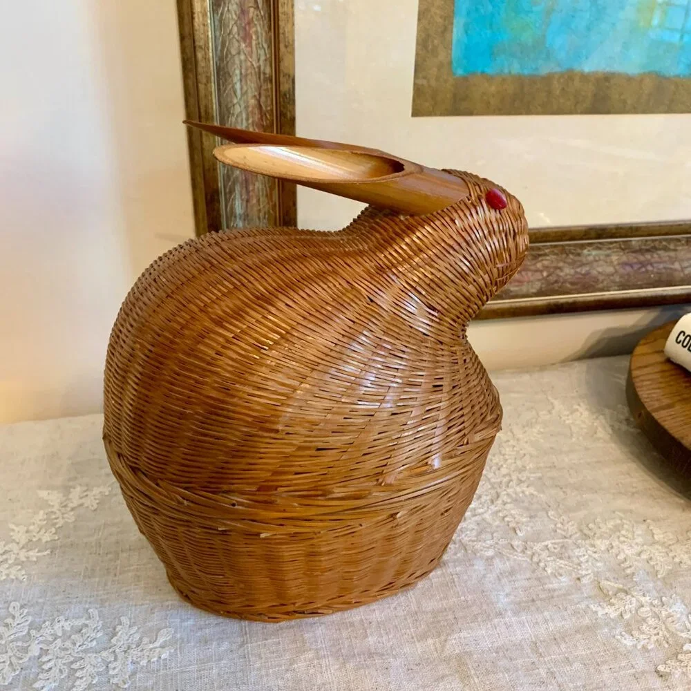 Vintage Wicker and Bamboo Bunny Rabbit Lidded Basket Functional/Whimsical Cute!
